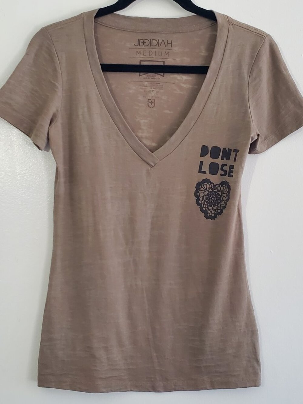 Jedidiah Burnout V-Neck Graphic Tee "Dont Lose" Heart Taupe Brown Medium